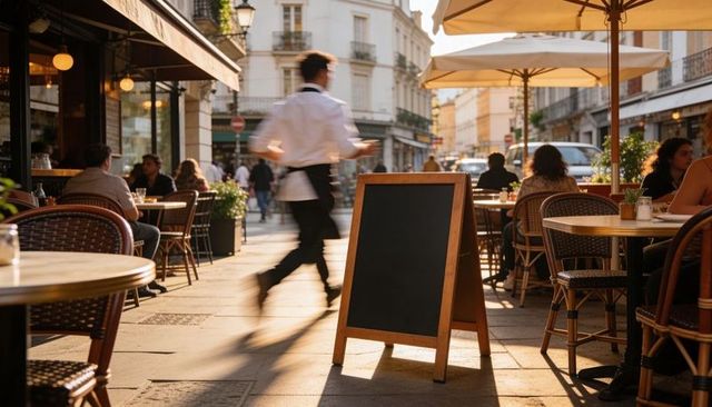 Wooden chalkboard menu on busy café terrace with hurrying waiter and outdoor seating