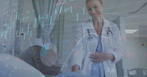 Doctor Consults Hospital Patient with Stock Market Overlay