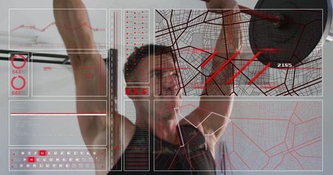 Man Lifting Barbell with Digital Overlay in Modern Gym