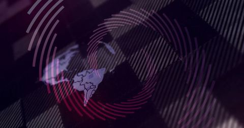 Pulsing americas map over abstract digital tile grid with magenta rings and data ripples