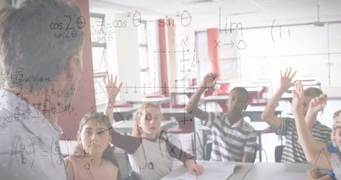 Schoolchildren Learning Mathematics with Digital Equations Overlay