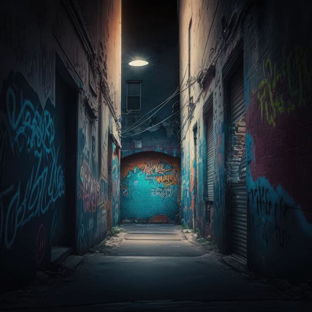 Alley with walls covered in colorful graffiti created using generative ai technology. Graffiti, urban art and colour concept digitally generated image.