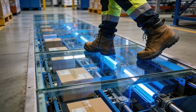 Safety boots walking on glass conveyor walkway over automated parcel line with modern blue lights