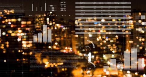 Digital Data Visualization Amidst Night Cityscape