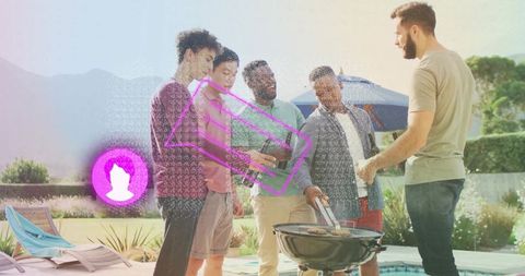 Friends grilling poolside at backyard barbecue, holding drinks and flipping burgers