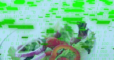 Fresh salad featuring tomatoes onions olives with green binary code overlay concept