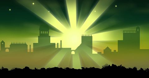 Silhouette Cityscape with Starry Night and Green Rays