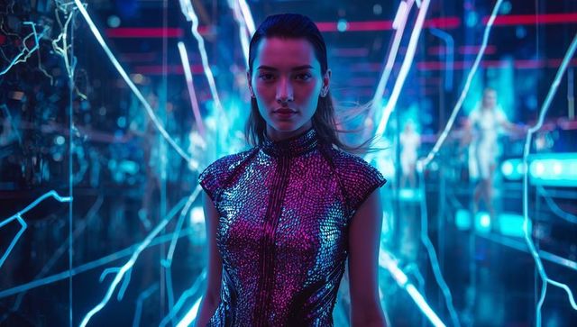 Futuristic Fashion AI-Modeled in Neon Corridor
