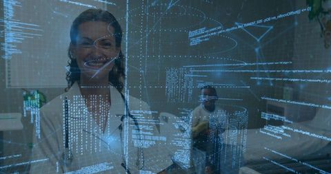 Female pediatrician smiling in clinic with holographic data overlay for ai healthcare