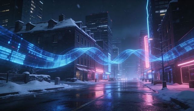 Neon data ribbon gliding over snowy downtown street at night reflecting on wet asphalt