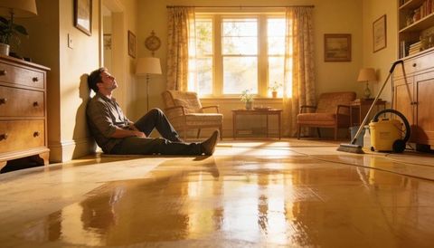 Man sitting against wall resting after floor polishing in sunlit living room with mop bucket