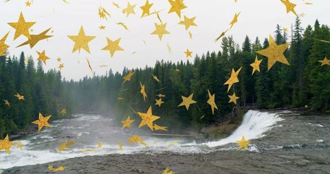 Tranquil Waterfall in Evergreen Forest with Golden Stars Overlay