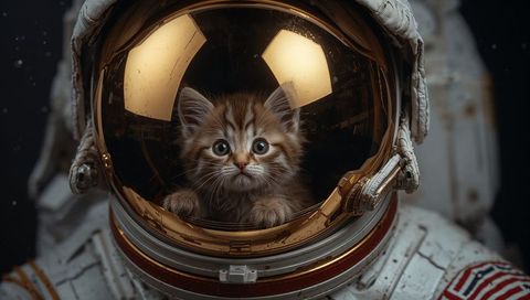 Curious tabby kitten exploring gold astronaut helmet visor in white space suit