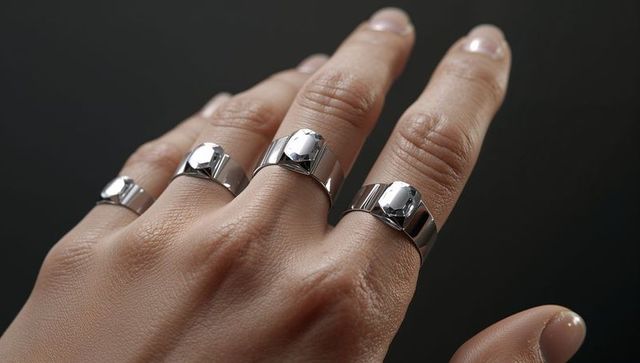 Polished Silver Signet Rings on Hand Showing Reflective Metal Detail and Modern Jewelry Style