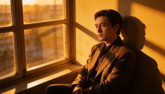 Contemplative man sitting on window seat gazing through paned window during golden hour