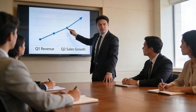 Executive presenting upward sales growth chart to boardroom during strategic meeting
