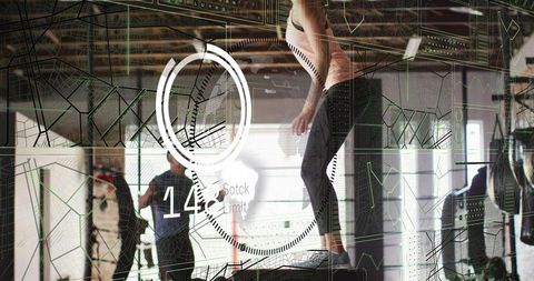 Woman jumping on plyo box with augmented reality fitness overlays for hiit training