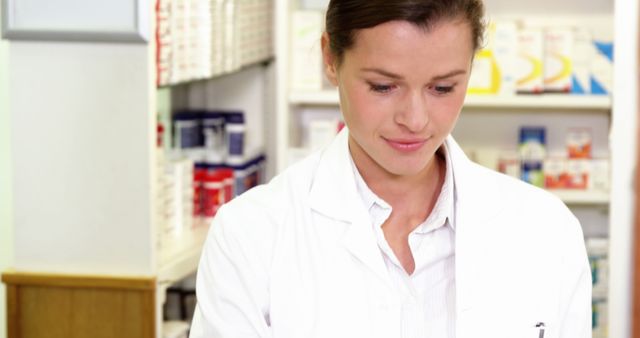 Pharmacist making prescription record in laptop at pharmacy