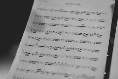 Close-up of music sheet page in black and white