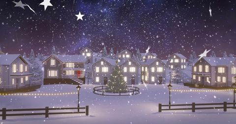 Twilight Winter Village with Sparkling Christmas Trees and Decorations