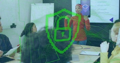 Woman Presenting Cybersecurity Briefing to Team with Digital Lock Overlay in Boardroom