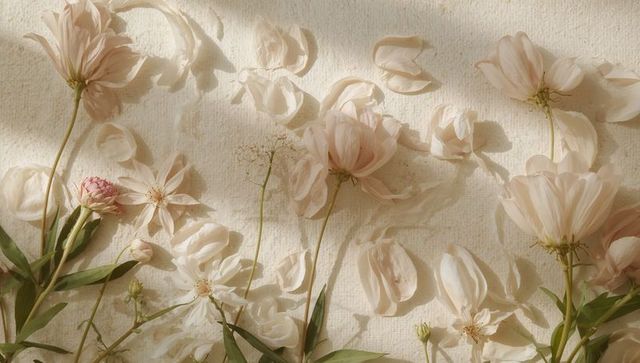 Soft blush floral flatlay with falling petals on ivory canvas for elegant branding
