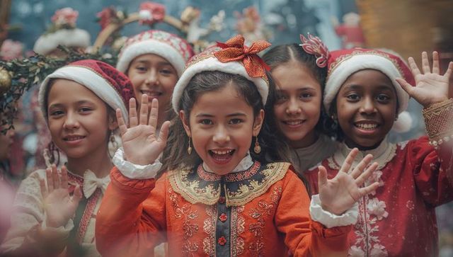 Joyful Children Waving at Festive Christmas Market Celebration