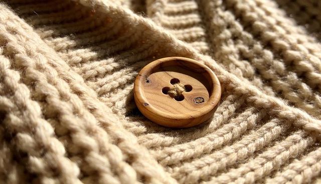 Rustic wooden button resting on chunky beige knit sweater showing yarn texture warm light