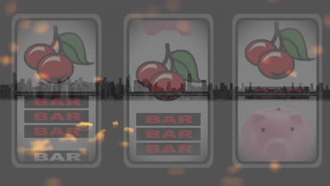 Slot Machine with Floating Particles Over Cityscape