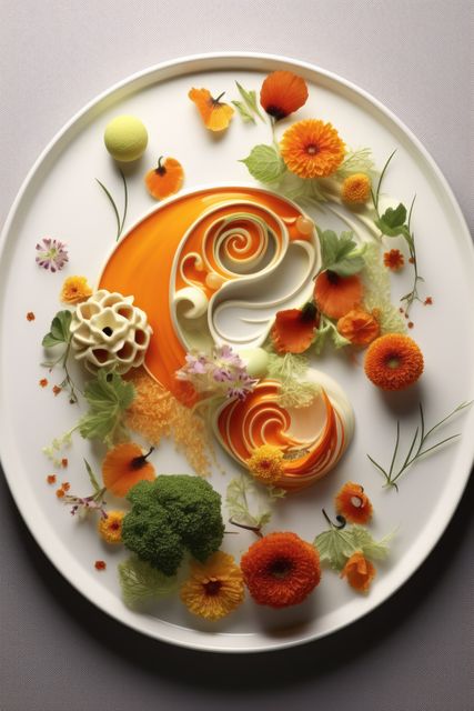 Artful arrangement of gourmet appetizers garnished with vibrant edible flowers, showcasing culinary artistry. Ideal for websites and publications focusing on fine dining, culinary arts, food styling, and upscale gastronomy. Great for menu designs, restaurant promotions, and culinary magazines.