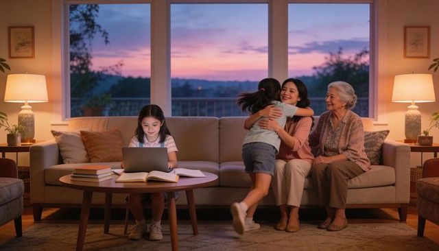 Multigenerational family embracing at sunset in cozy living room, child on laptop
