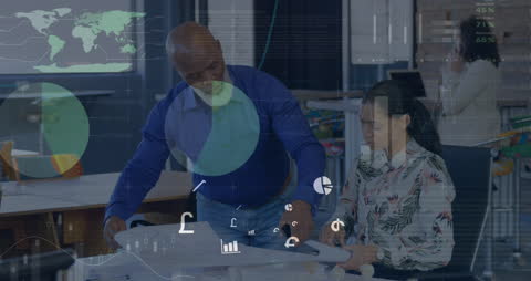 Infographic Interface with Diverse Team Discussing Reports in Office