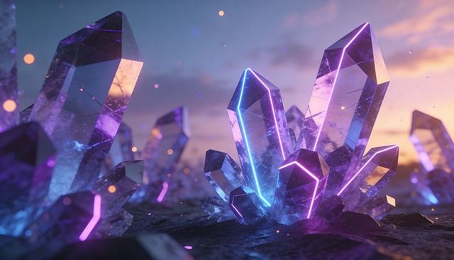 Glowing purple-blue crystal cluster emitting neon rim light on rocky plain at sunset