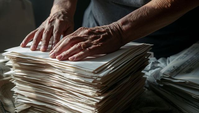 Wrinkled hands smoothing tall stack of folded envelopes and documents on work table