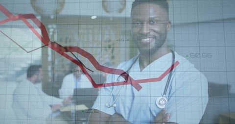 Confident doctor analyzing medical financial trends overlapping in hospital