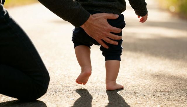 Kneeling parent steadying toddler taking first steps on sunlit park path barefoot backlit