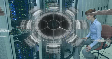 Technician Analyzing Server Room with Digital Interface Overlay