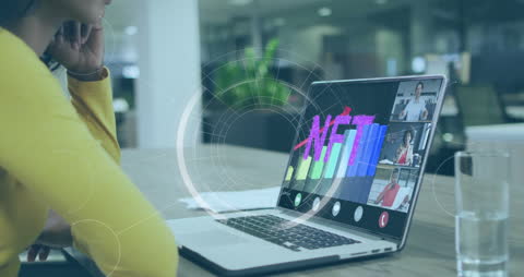 Businesswoman Analyzing NFTs with Digital Data Visualization