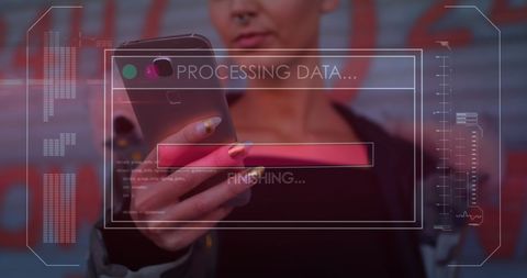 Woman Uses Smartphone with Digital Data Processing Interface