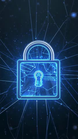 Neon Blue Padlock Locking Over Fractured Circuit Network Connecting Nodes Vertical Cybersecurity