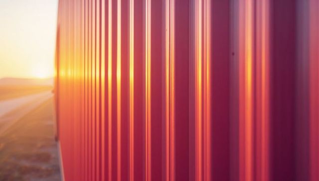 Red corrugated metal wall bathed in golden sunset light