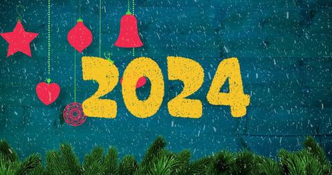 Festive 2024 greetings with red ornaments and falling snow