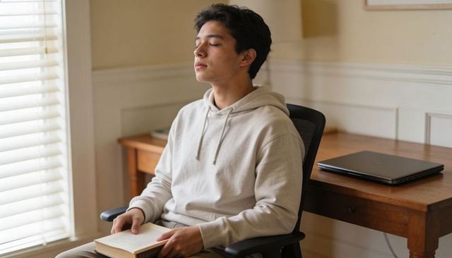 Teenager relaxing with book in home study by window light with closed laptop on desk