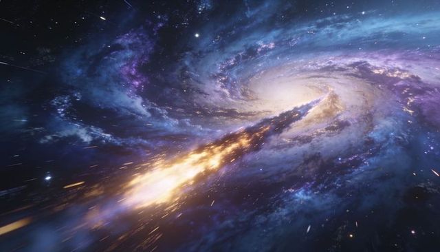Spiral galaxy rotating and emitting luminous jet through nebula clouds in deep space