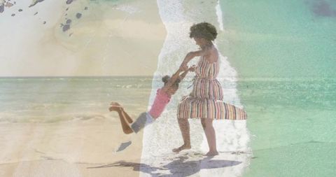 Sunlit beach play swinging child with woman in striped sundress, double exposure seascape
