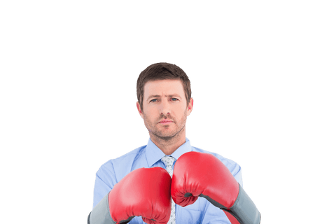 Caucasian businessman with red boxing gloves on transparent background