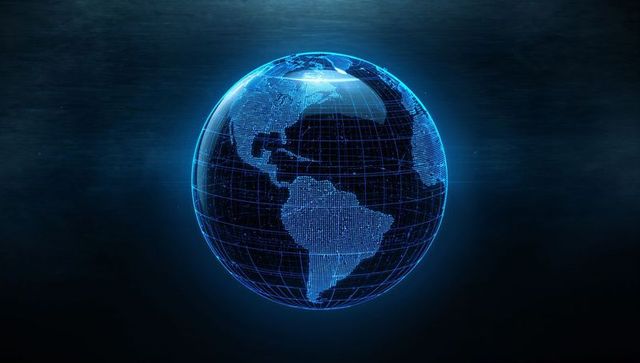 Holographic Blue Wireframe Globe Floating with Digital Data Points and Global Network Glow