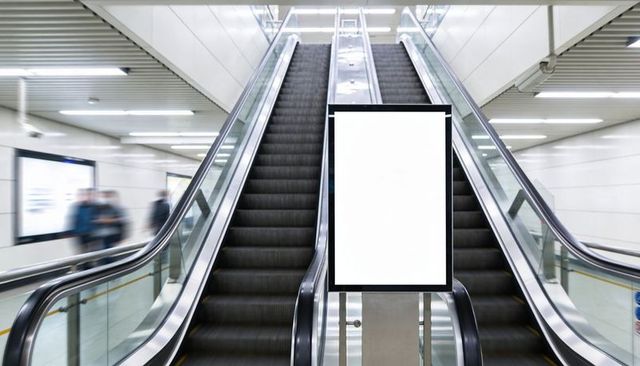 Blank Vertical Advertising Display Anchoring Symmetrical Escalators in Underground Station