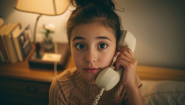 Young girl listening on cream corded telephone by warm bedside lamp, intimate bedtime portrait