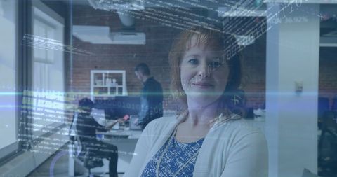 confident businesswoman with technology overlay in modern office - Download Free Stock Images Pikwizard.com